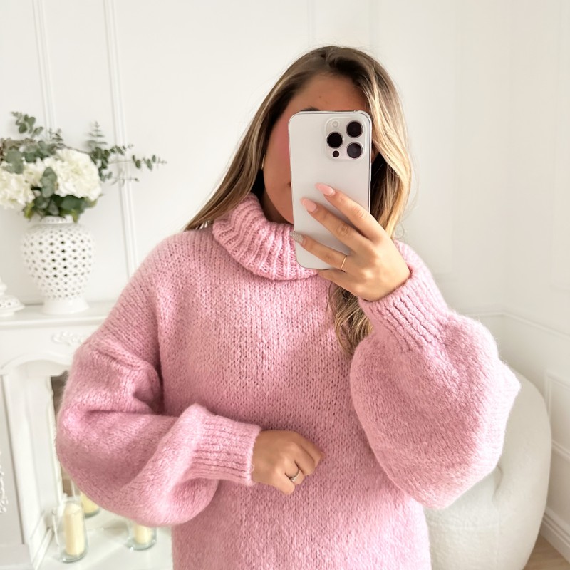 ROBE PULL COL ROULÉ ROSE TENDRE
