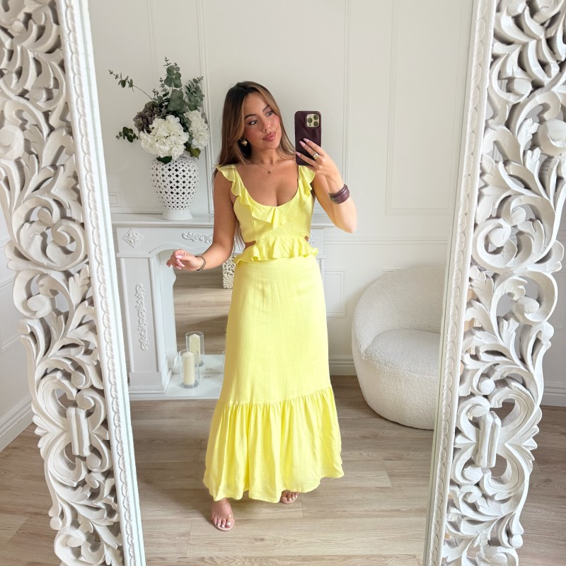 LONGUE ROBE EN LIN VOLANTS JAUNE