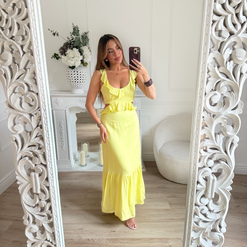 LONGUE ROBE EN LIN VOLANTS JAUNE