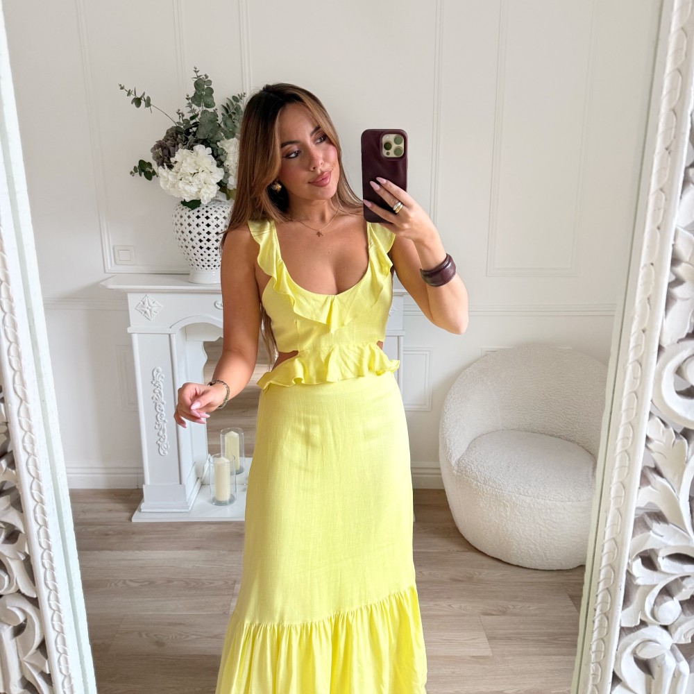 LONGUE ROBE EN LIN VOLANTS JAUNE