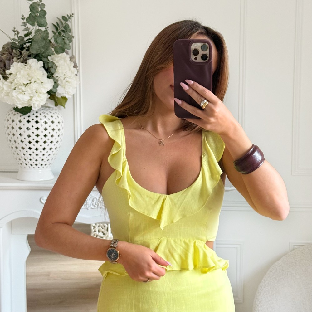 LONGUE ROBE EN LIN VOLANTS JAUNE