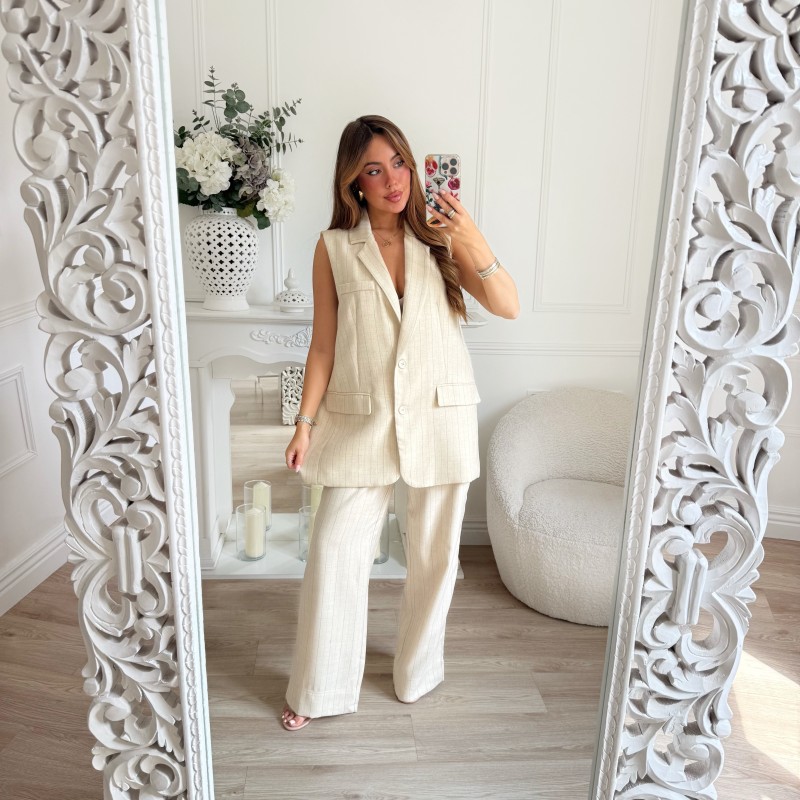 BLAZER SANS MANCHE OVERSIZE BEIGE RAYURES