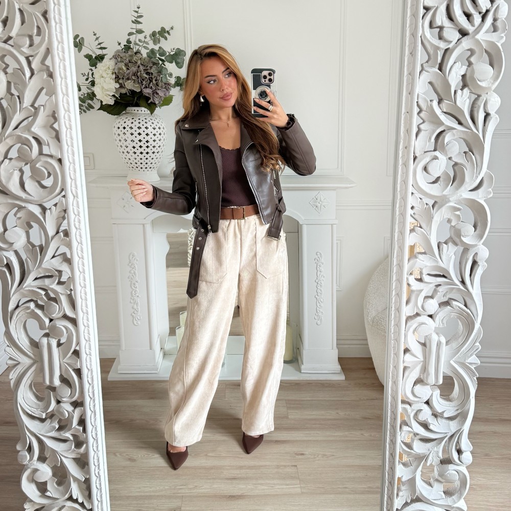 PANTALON BARREL VELOURS CRÊME AVEC CEINTURE