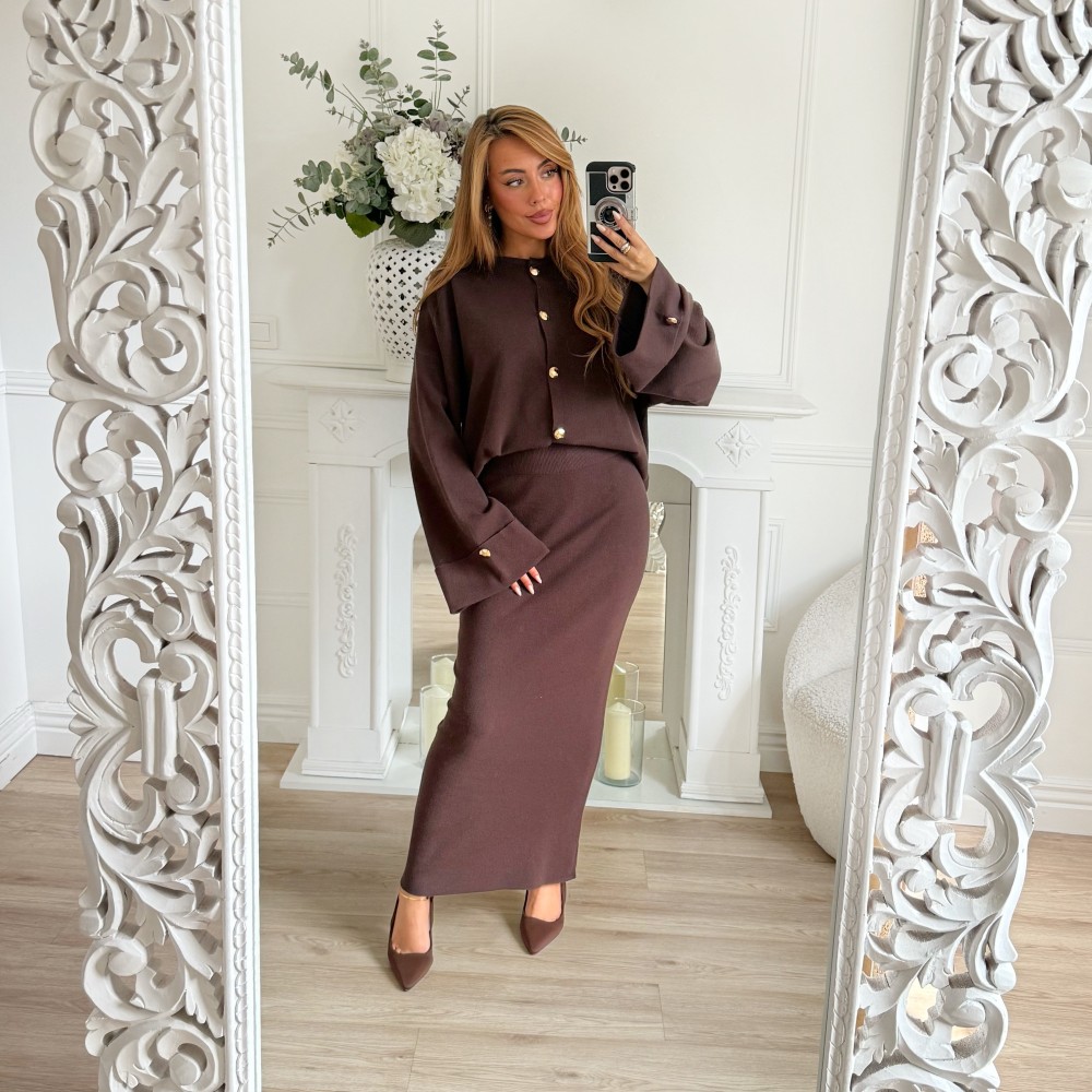 ENSEMBLE CHOCO JUPE ET GILET DETAILS GOLD