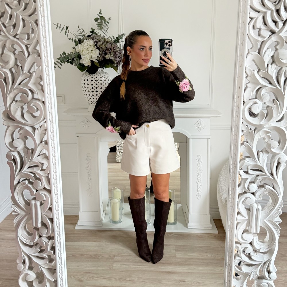 PULL CHOCO BRODERIE FLEURS