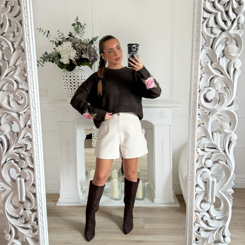 PULL CHOCO BRODERIE FLEURS