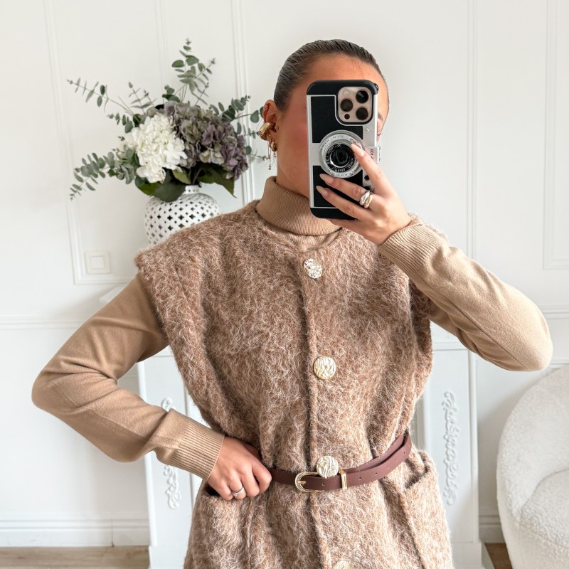 MAXI VESTE SANS MANCHE CEINTURE