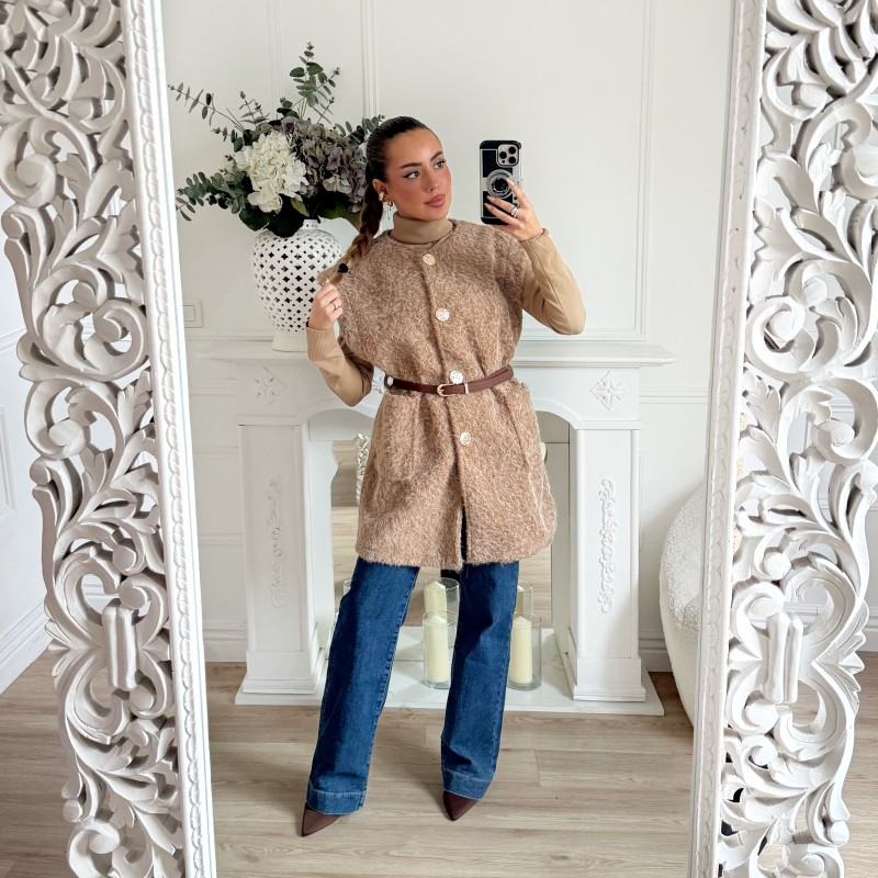 MAXI VESTE SANS MANCHE CEINTURE