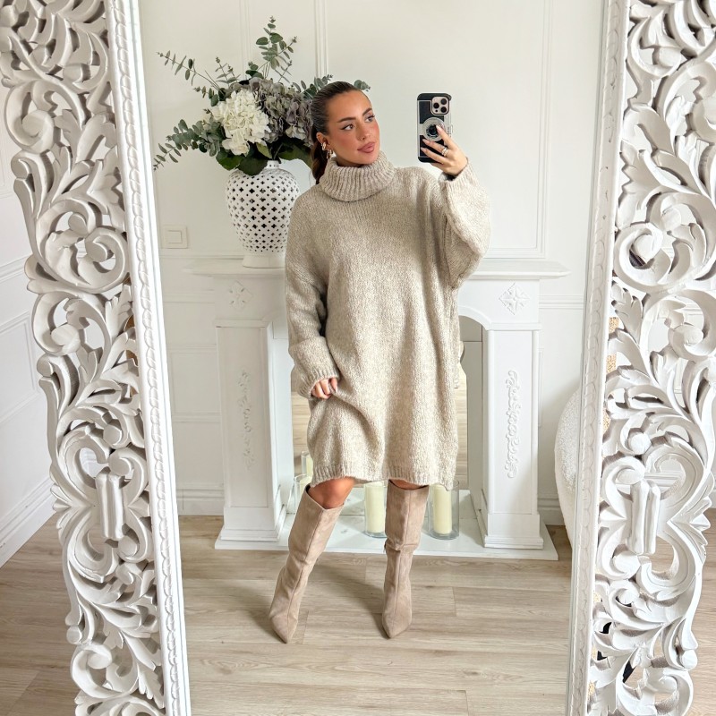 ROBE PULL COL ROULÉ TAUPE