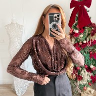 TOP SEQUINS HANA CHOCO COL BENITIER